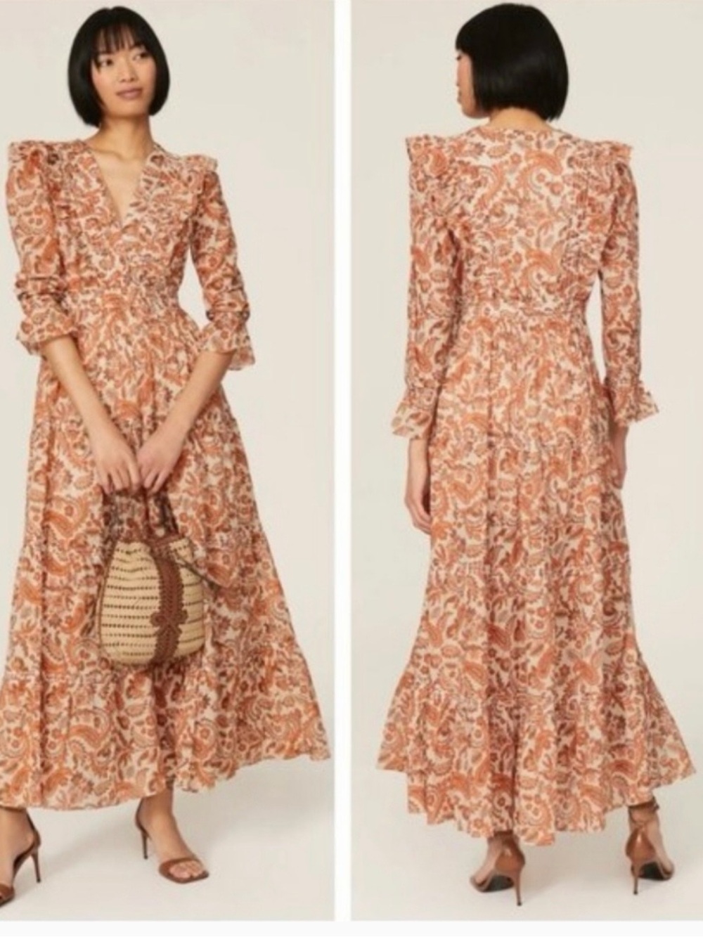 Maje Rust Paisley V-Neck Maxi Dress with Ruffle Details